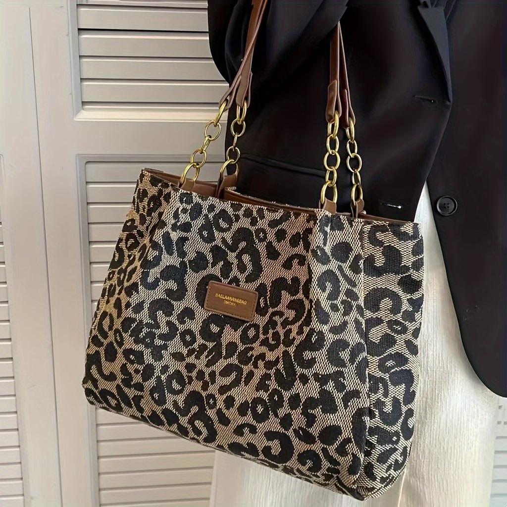 Fashion Leopard Print Tote Bag, Retro Chain Shoulder Bag, Women's Large Capacity Handbag