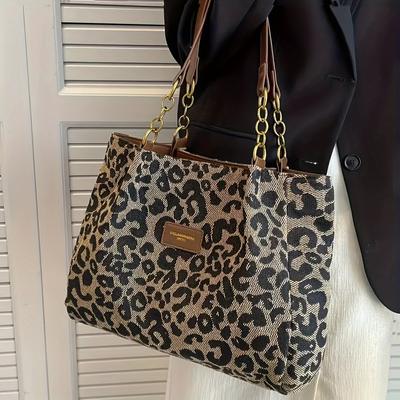 Fashion Leopard Print Tote Bag, Retro Chain Shoulder Bag, Women's Large Capacity Handbag