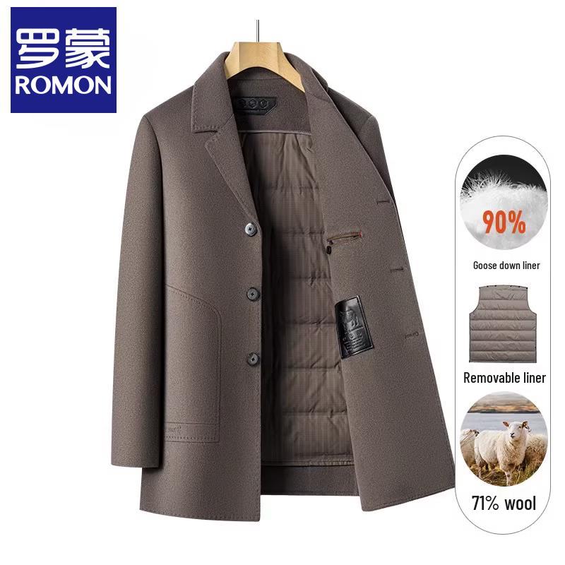 Romon Men s Mid-Long Wool Blend Coat with Detachable Down Liner L