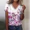 Women Casual Loose Shirts V Neck Short Sleeve Flower Print Lace Tops T-shirts Tee