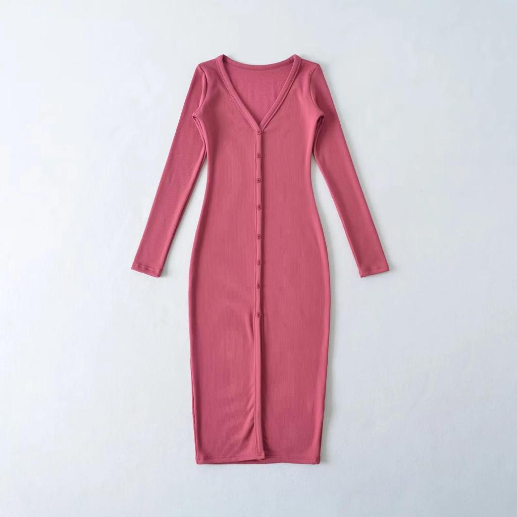Elegant V-Neck Long Sleeve Dress - Sexy Hip-Hugging Mid-Length Skirt for Women, Perfect for Spring and Autumn.
