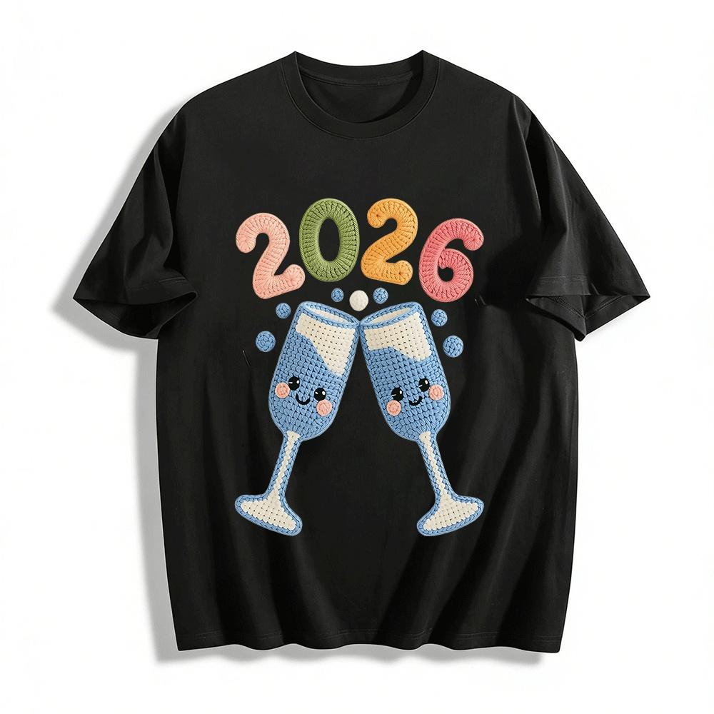 2026 New Year Toast Knit Style Print Casual Top Pure cotton T-shirt XXS