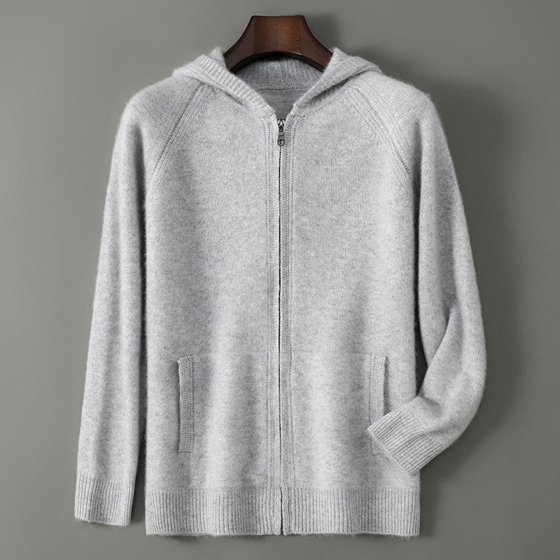 Herren Kapuzen-Reißverschluss-Strickjacke aus reiner Wolle - Dicker Strickpullover-Mantel für Freizeit oder Business