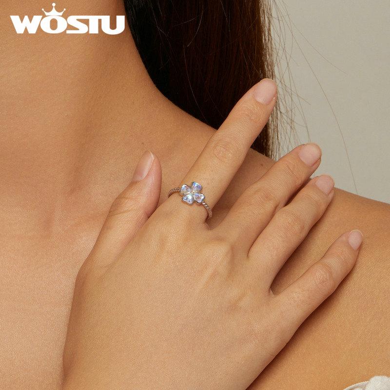 WOSTU 925 Sterling Silver Rainbow Moonstone Four Leaf Clover Ring Women Shiny Open Lucky Rings Girl Party Birthday Jewelry Gift