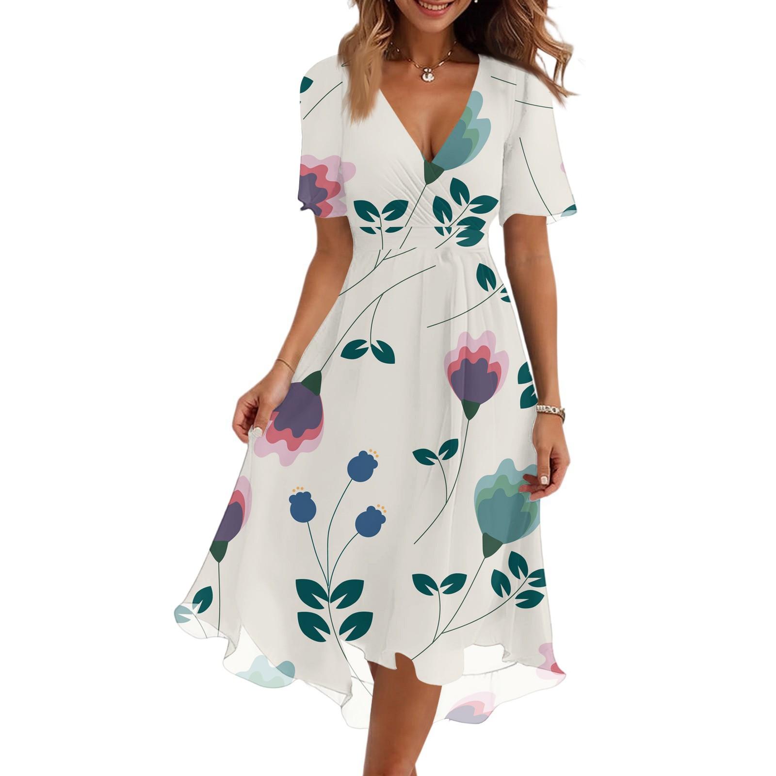 

Жіноча модна повсякденна сукня з V-подібним вирізом, коротким рукавом та квітковим принтом S білий