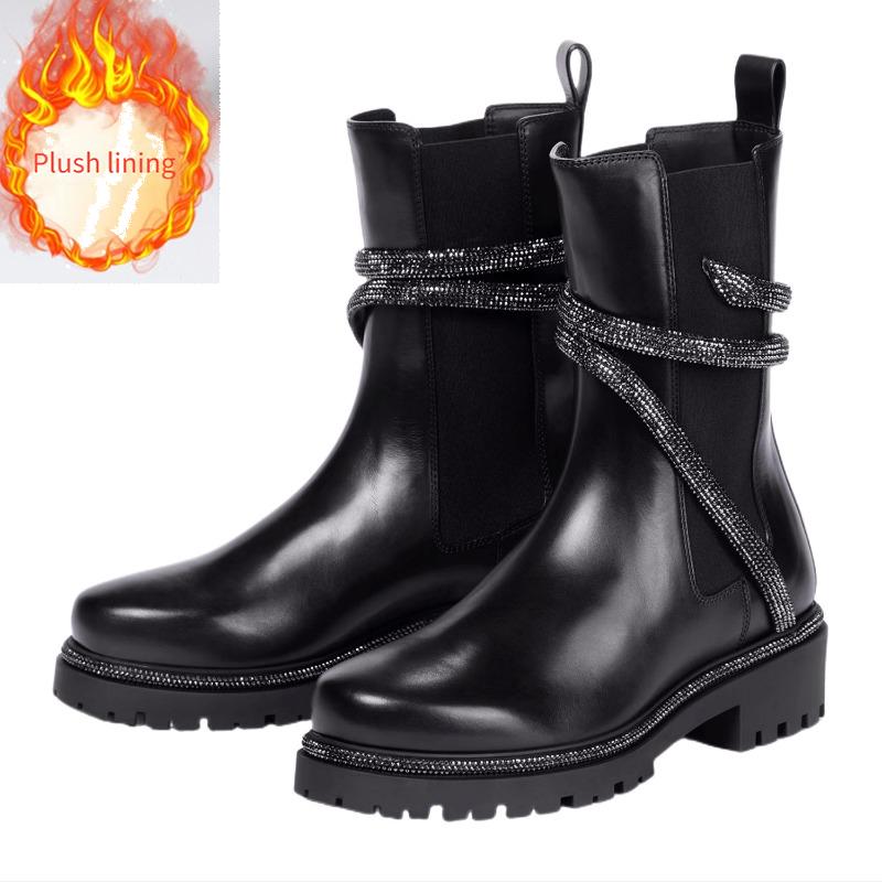 Fashion Snake Shaped Winding Tape Rhinestone Short Boots Leisure Motorcycle Thick Sole Knight Boots Diamond Winter Smoke Pipe Boots