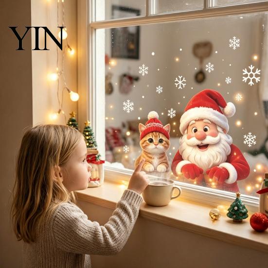 Easy Apply Holiday Decals Christmas Santa Cat Window Sticker, Snowflake Xmas Glass Decal, Waterproof Reusable Winter Ornament Self-Adhesive Decor for