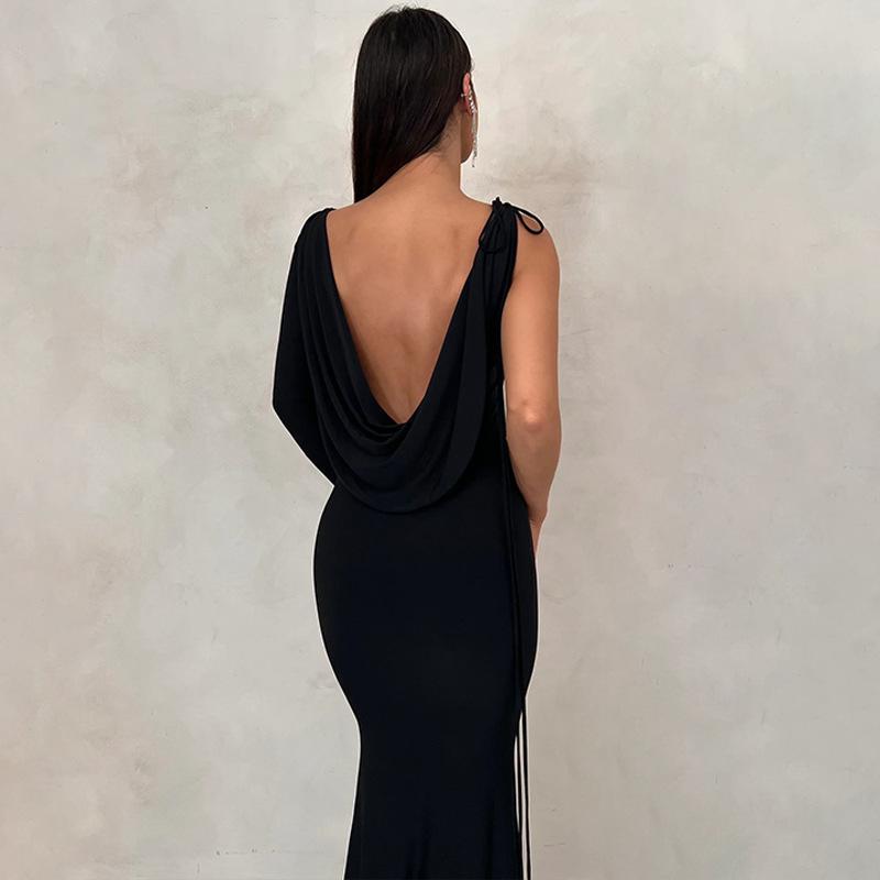 Women Elegant Robes Solid Color Party Club Sexy Backless Slip Draped Gown Maxi Dress