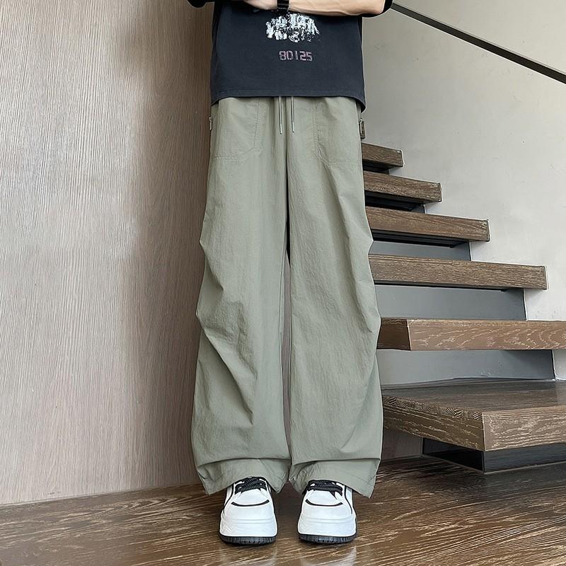 Mens Thin Pleated Cool Ice Silk Parachute Pants American High Street Loose Wide Leg Cargo Trousers