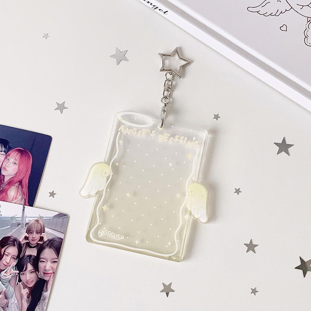 Cute Acrylic Kpop Card Holder Keychain Angel Wing Album Binder Photo Frame Protective 3 Inch Idols Photocard Holder Bag Pendant
