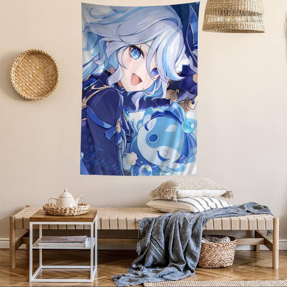 Genshin Impact Furina Focalors Anime Tapestry Hippie Flower Wall Carpets Dorm Decor Wall Hanging Home Decor