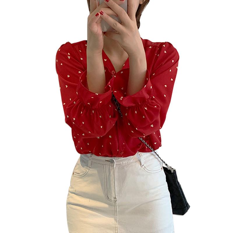 

Женская блузка с V-образным вырезом и принтом в виде сердца, рубашка с длинным рукавом и лепестками, свободный топ