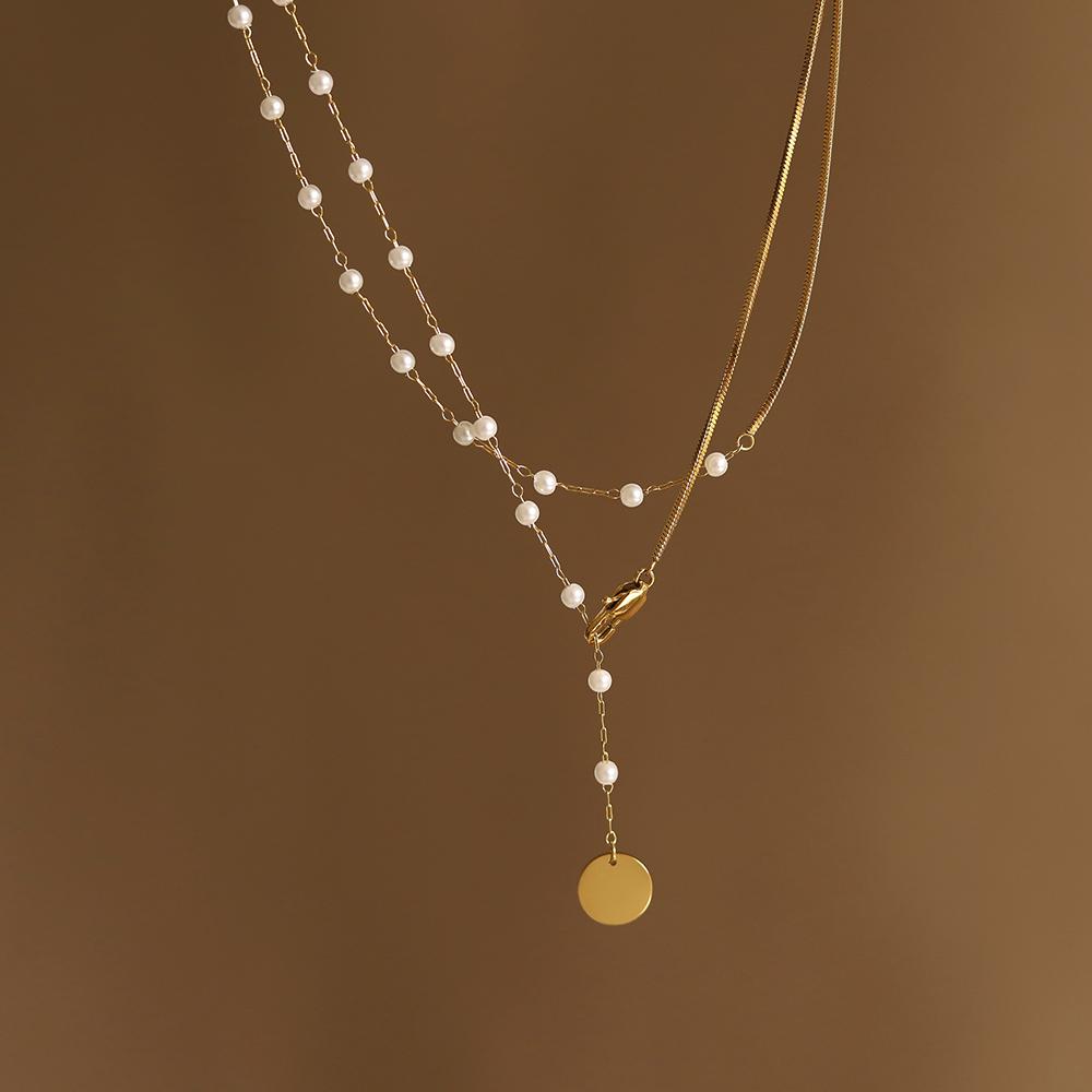 Imitation Pearl Splicing Necklace 18k Stainless Steel Square Bone Collar Sweater Chain Necklace