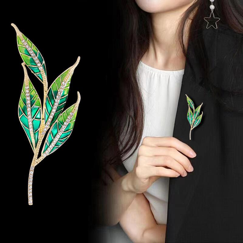 1Pcs Metal Rhinestone Simple Plants Brooches Green Enamel Leaves Brooch Pins For Women's Clothes Backpack Gifts
