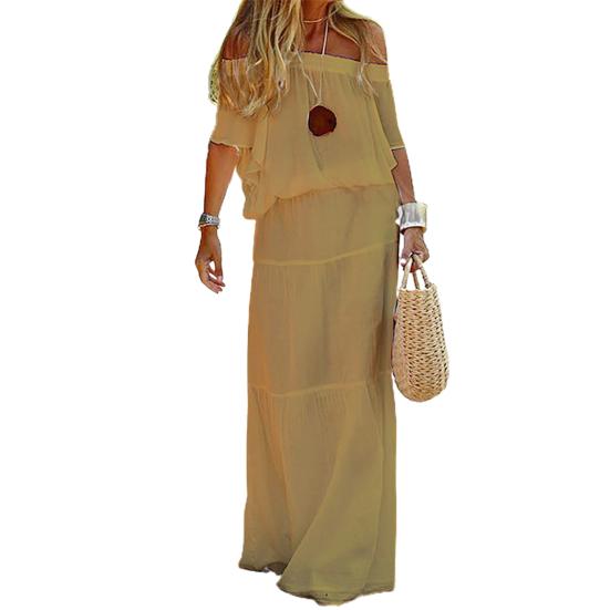 

Short Sleeve Elastic Waist Large Hem Women Dress Sexy Off Shoulder Solid Color L хаки