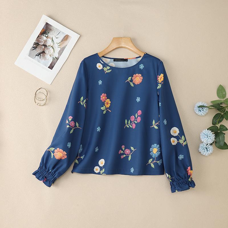 ZANZEA Women Casual Round Neck Long Sleeve Loose Print Blouse