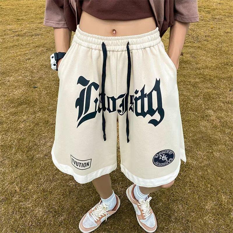 Chic Letter Embroidery Basketball Casual Shorts Men's Summer American Retro Fashion Capris