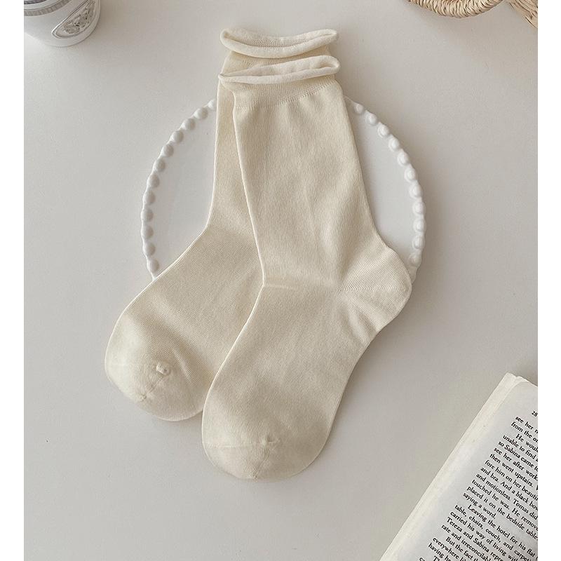 Women's Rolled Edge Mid-Calf Cotton Socks - Boneless, Elastic, Sweat-Absorbent, Breathable, Solid White, Versatile Slouch Design
