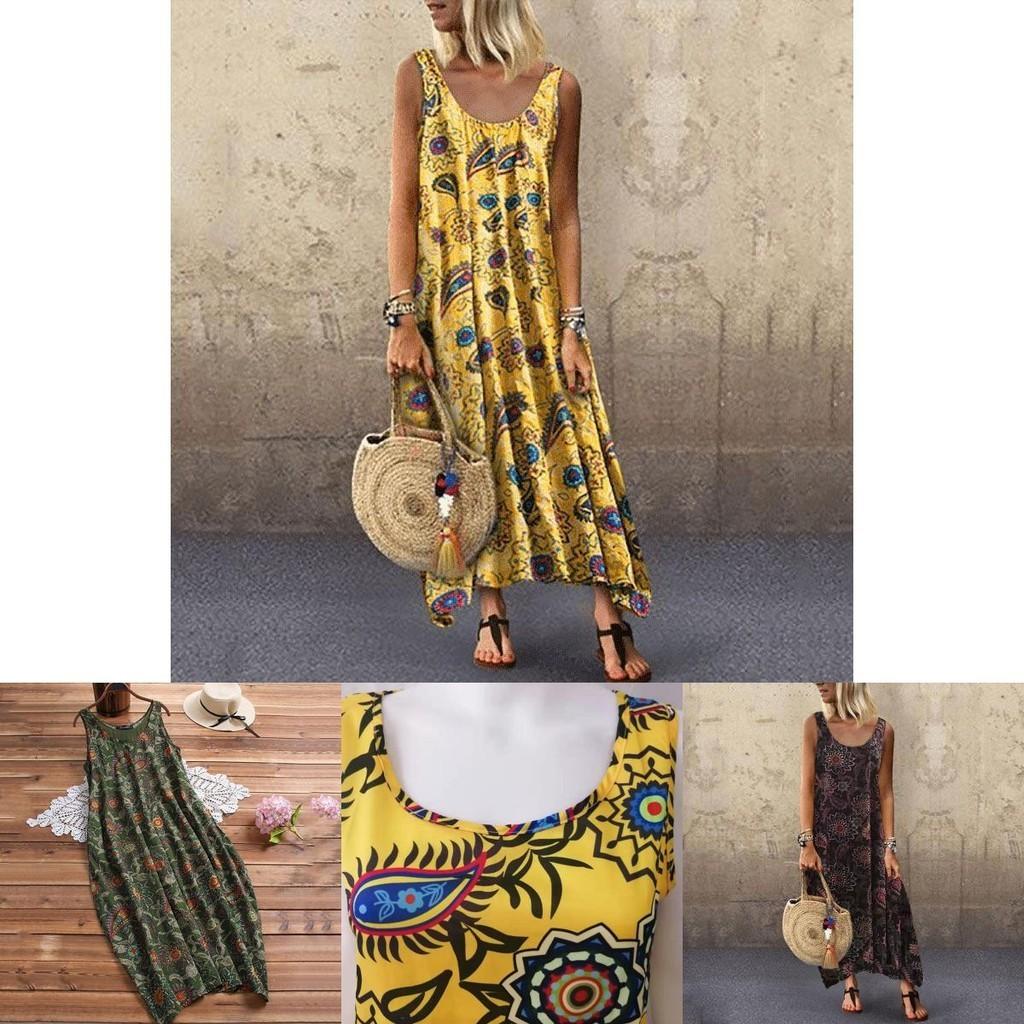 Elegant Womens Summer Sleeveless Holiday Long Boho Kaftan Tank Dress For Beach