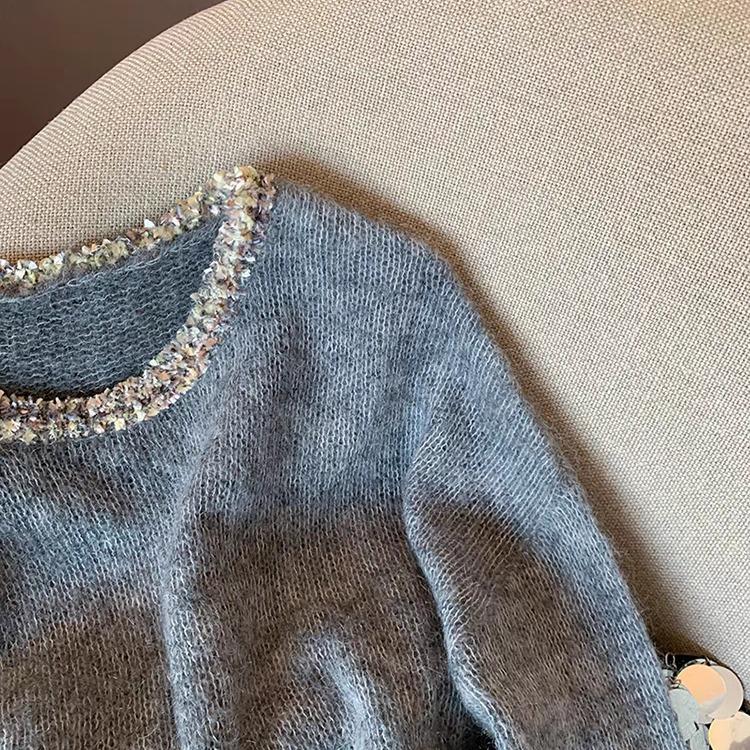 Grey lace pullover mohair sweater women's autumn and winter new loose retro lazy wind soft waxy knitted sweater