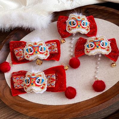 Lion Dance Japanese Kimono Headwear Cloth Flocking Hair Clip Chinese Tassel Bow Hairpin  Women/Kids