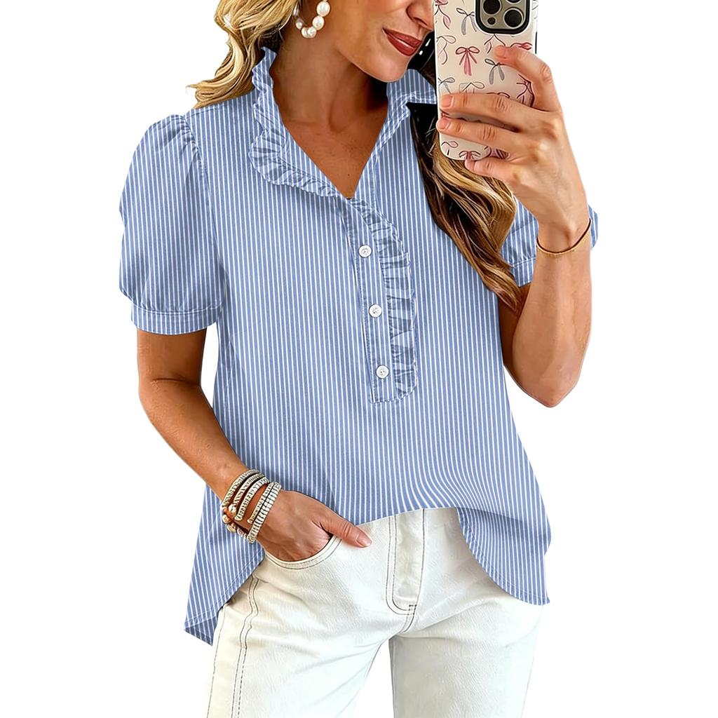 Women Ruffle V Neck Striped Print Blouse Short Sleeve Casual Loose Fit Button Front Top Shirt for Daily Wear