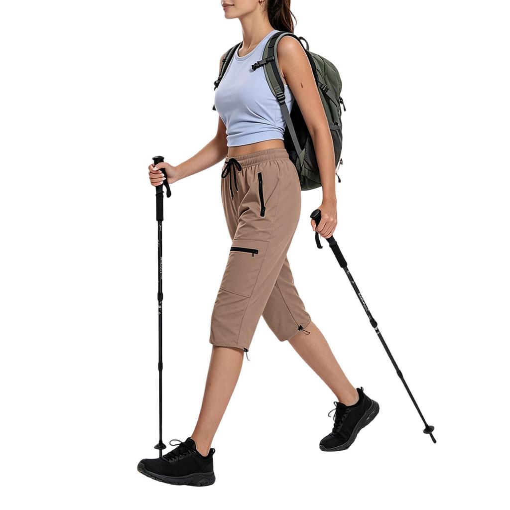 Women Outdoor Hiking Pants Quick Dry Lightweight Capris with Adjustable Waist and Zipper Pockets for Running Fitness Sports