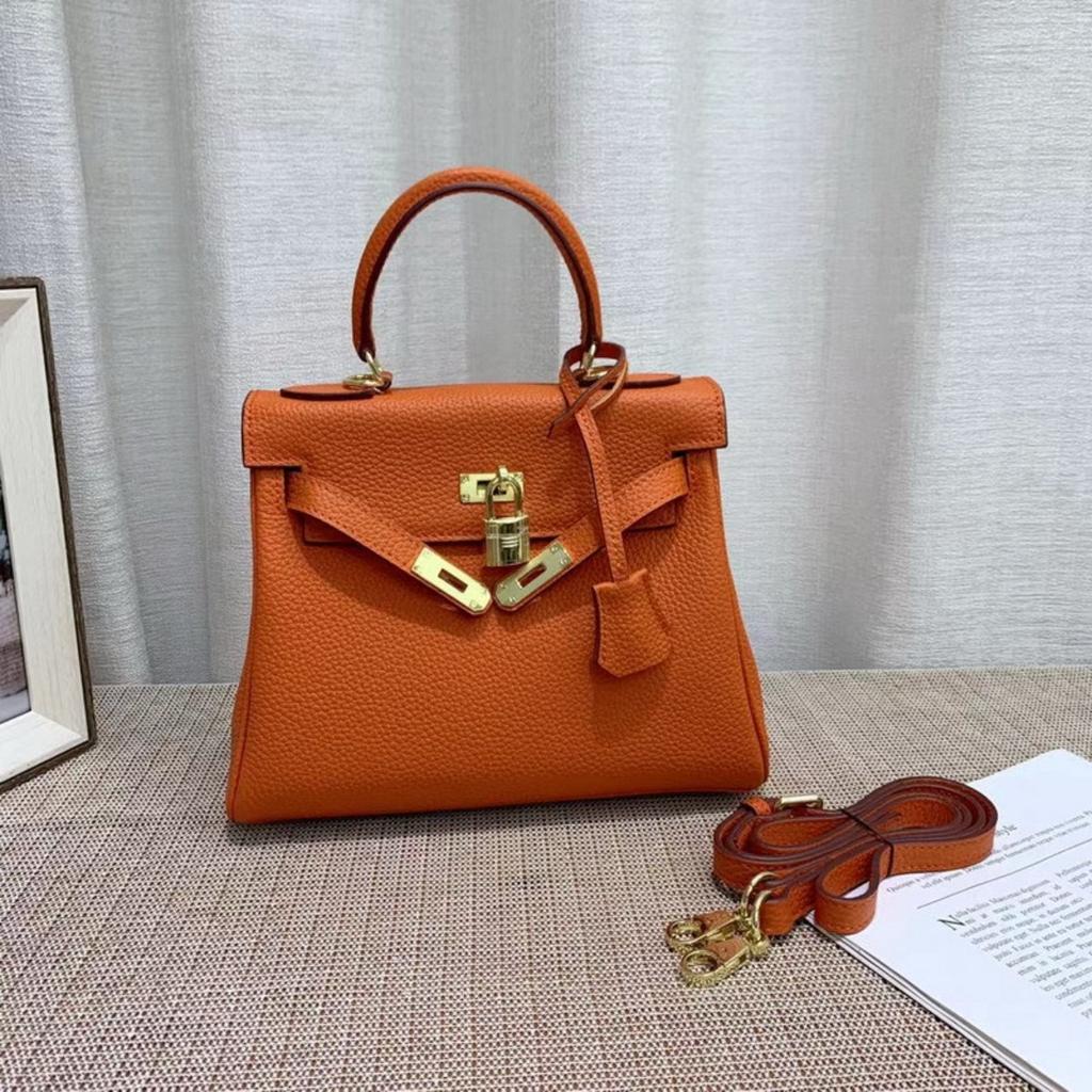 2026 new first-layer cowhide soft leather fine lychee pattern leather inner seam Kelly bag genuine leather women's bag portable messenger bag