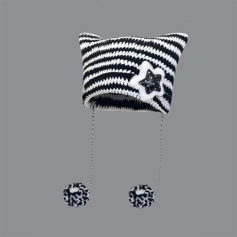 Abi Wind Handmade Cute Five-Star Cat Ears Striped Devil Warm Hat Knitted Ball Wool Hat Female