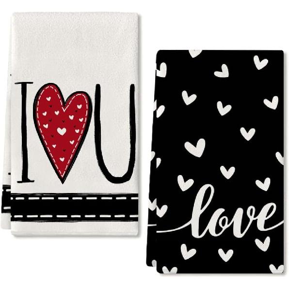 ARKENY Valentines Day Kitchen Towels Red Heart Dish Towels 18x26 Inch Ultra Absorbent Wedding Drying Cloth I Love U Sign Hand Towel for Valentine