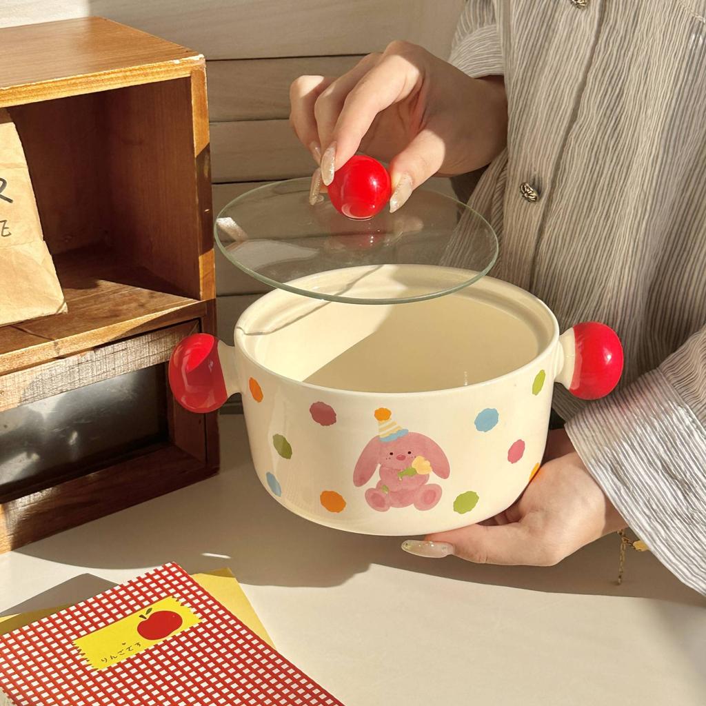 Cute instant noodle bowl with lid spoon Ceramic big bowl High value snail wordy powder bowl Student dormitory rice bowl