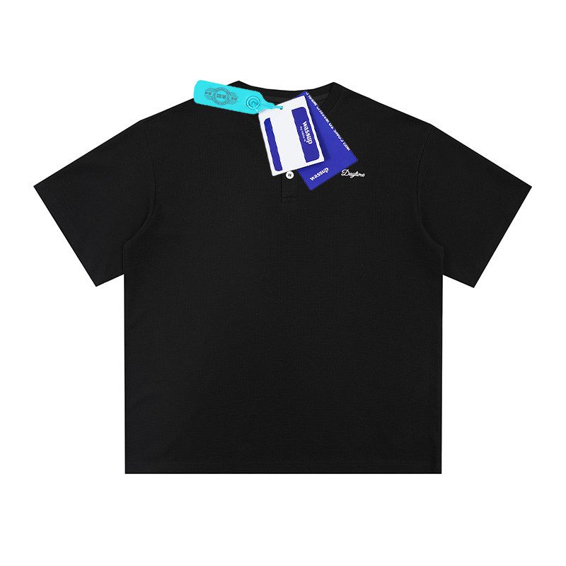 Wassup Summer New Heavy-Weight College Style Polo Shirt Japanese Retro Loose Half-Sleeve Henley Collar Unisex T-Shirt