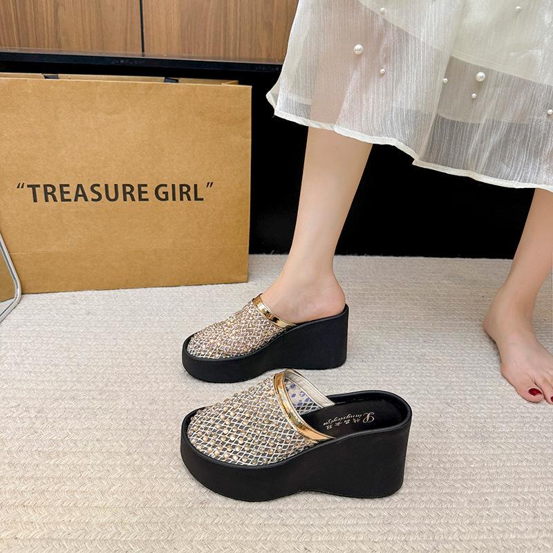 Full diamond high-heeled fashion cool slippers women's 2025 summer new wear casual thick-bottomed wedge one-word slippers