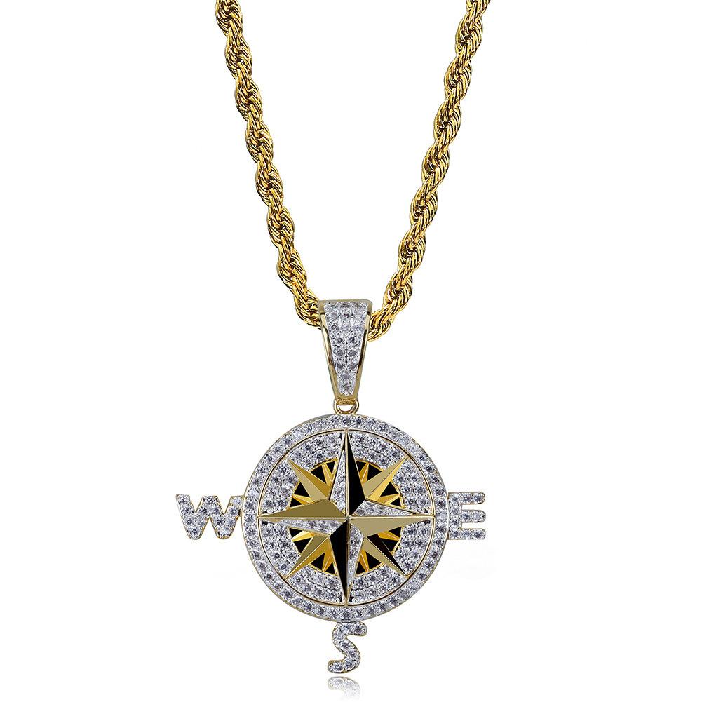 European and American Compass Compass Shaped Personalized Pendant Full of Zircon Trendy Brand Mens Necklace Accessories