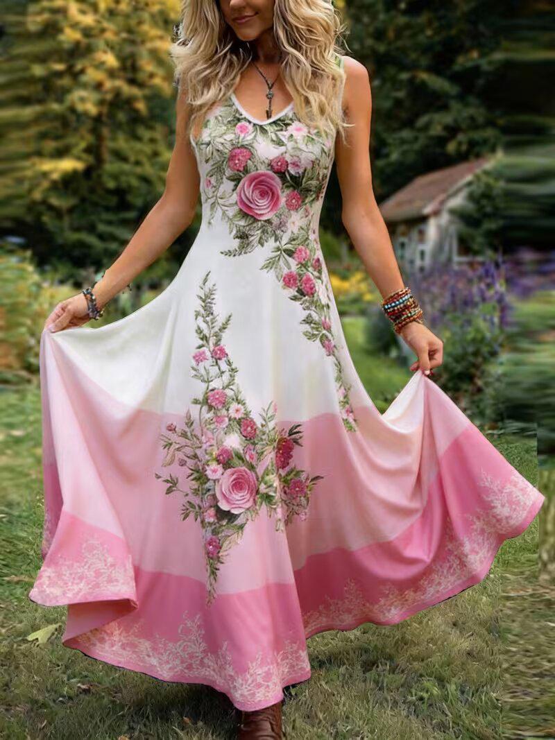 

Plus Size V-neck Elegant Summer Long Dress for Women - 2026 European & American Style 5XL розовый