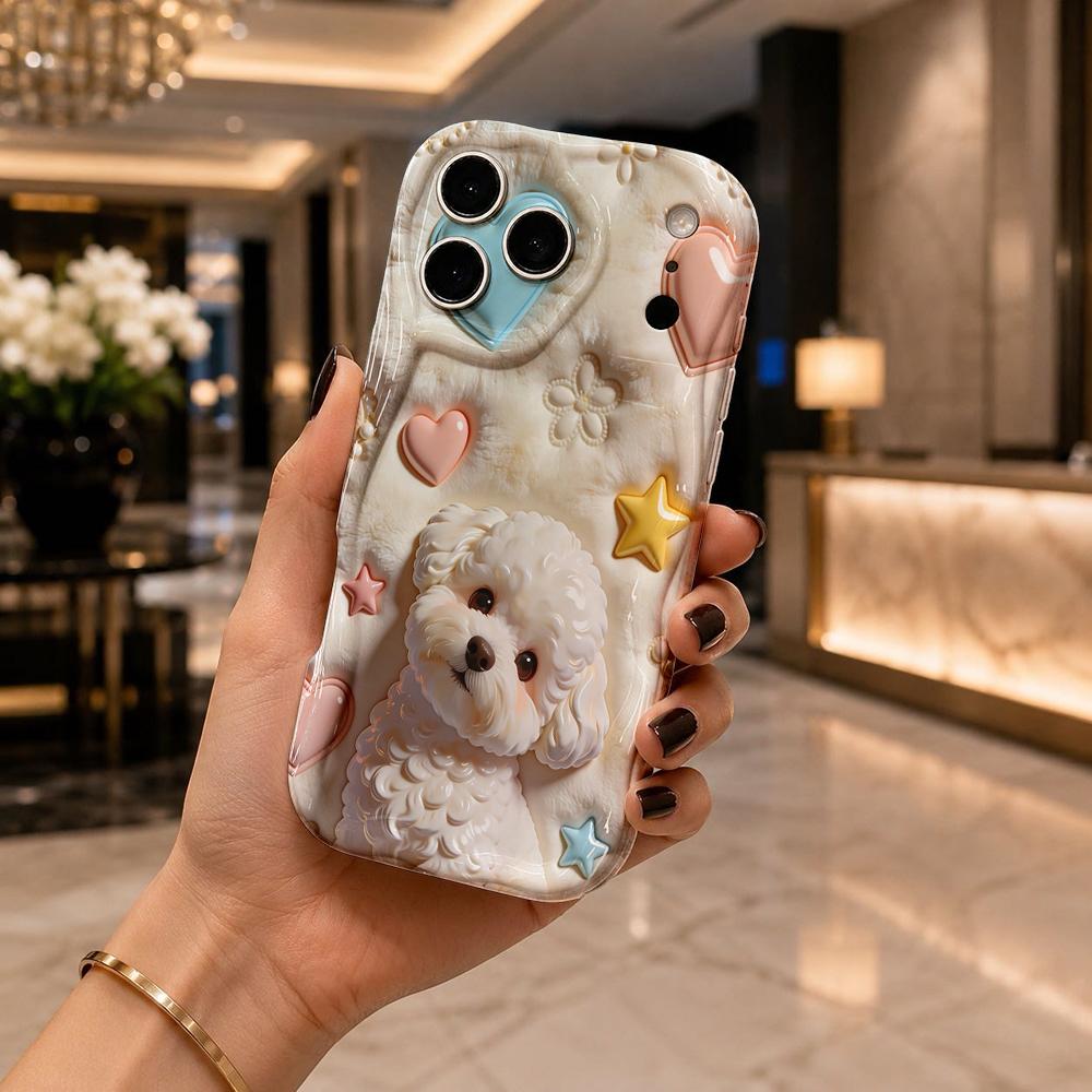 White Bichon Frise Heart Star Phone Case For iPhone 16 15 14 Pro Max 13 12 11 Wavy Edge Soft Cover