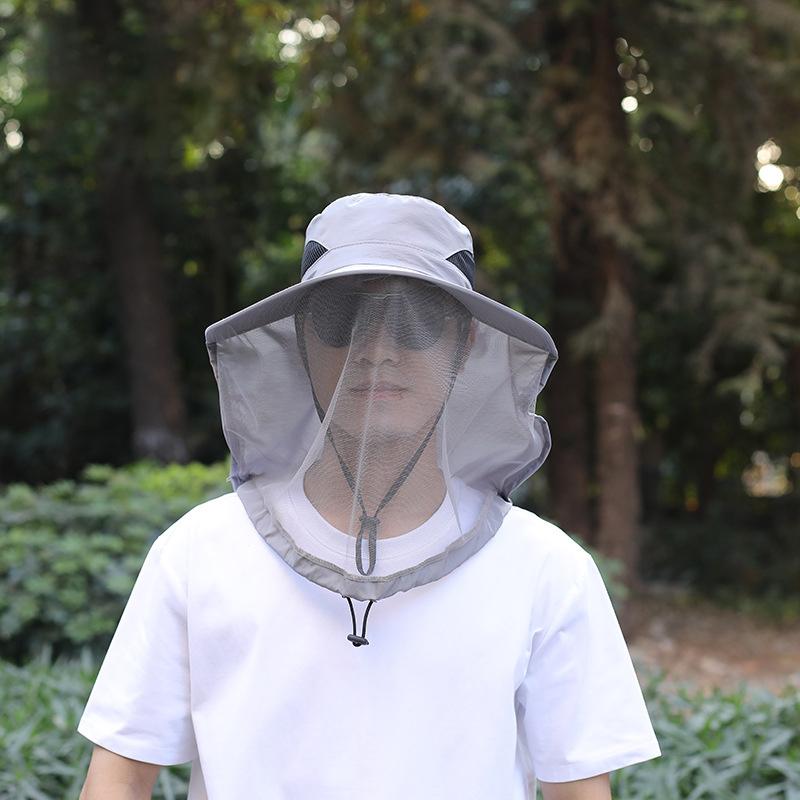 

Уличная шляпа рыбака с широкими полями, шляпа-ведро, шляпа от комаров с сеткой, защита от насекомых и пчел, мужская солнцезащитная рыболовная кепка светло-серый