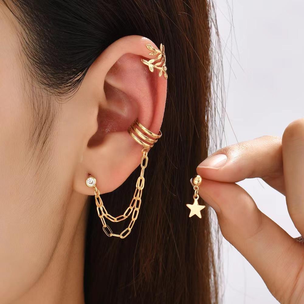 2025 New Fashion Personality Round Ear Clips Girls' Temperament Design Earrings Long Chain Stars Earrings Women