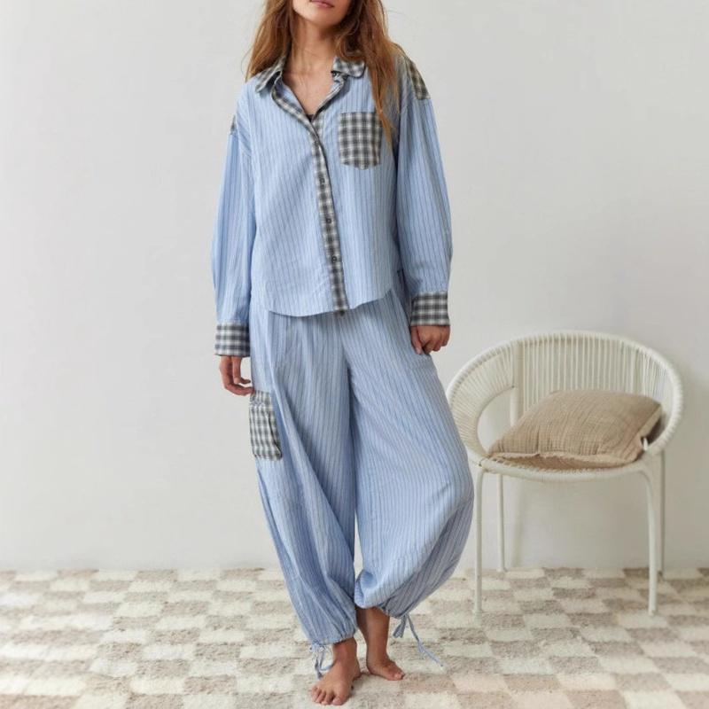 Dames Tweedelig Pyjamaset Geruite Knopenblouse Joggingbroek Casual Loungewear