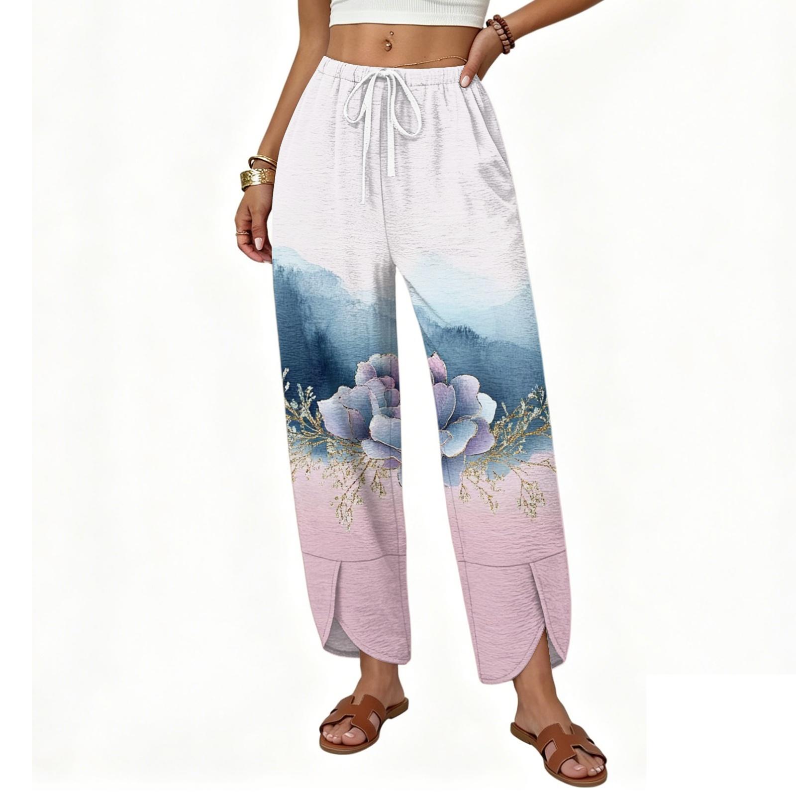 Women s Casual Wide Leg Drawstring Printed Pants with Loose Fit L
