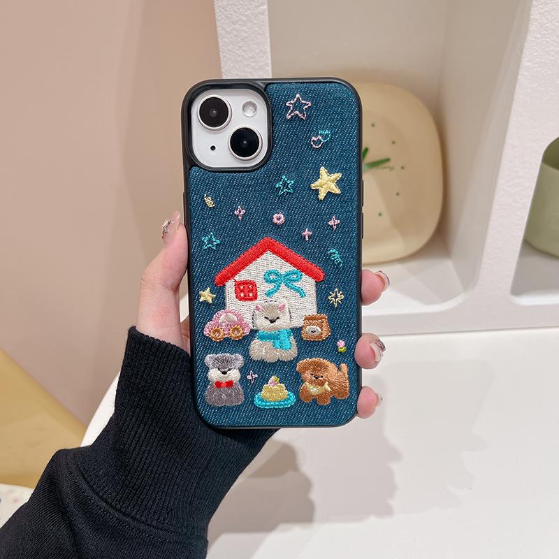 Fashion Denim Fabric Embroidery Puppy Dog Phone Case For iPhone 16 15 13 14 Pro Max Shockproof Back Cover Shell