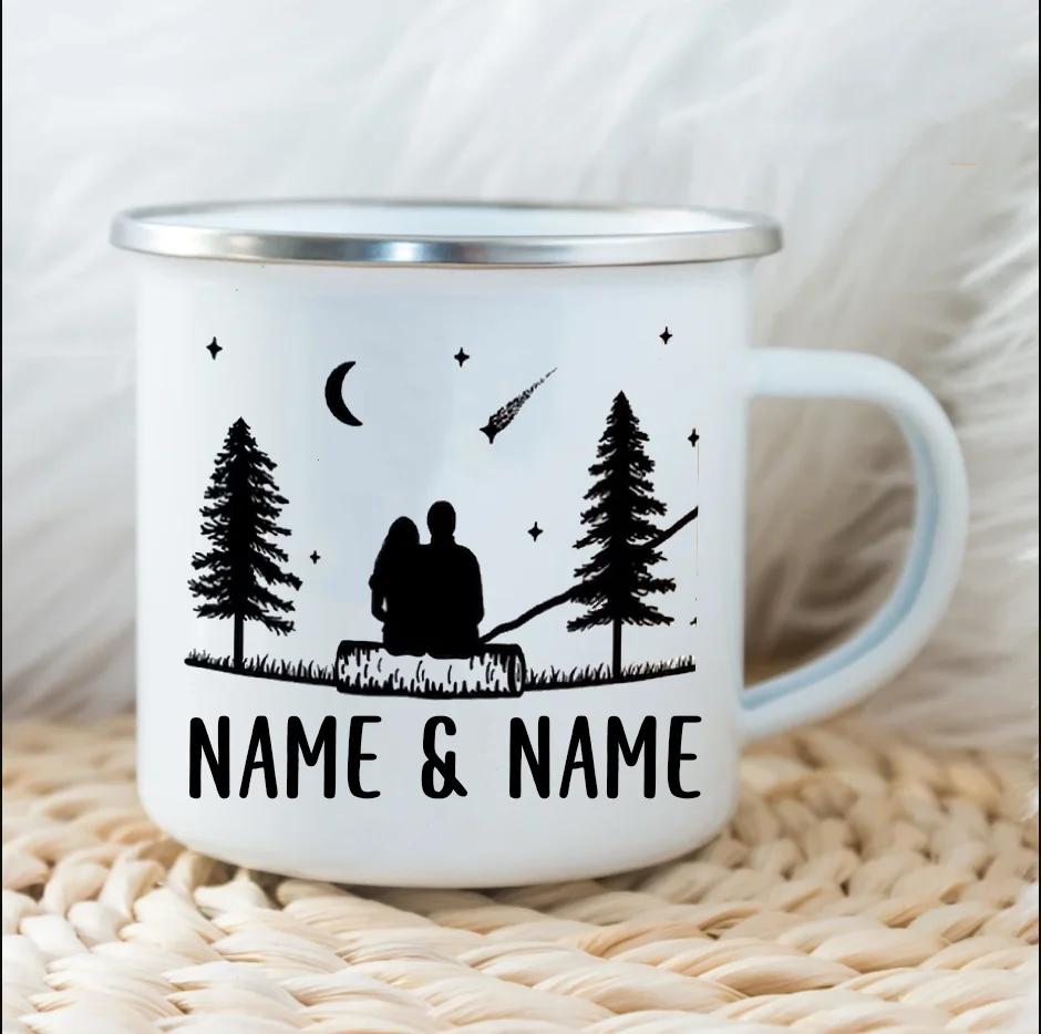 Personlig present Par Emaljmugg Anpassad Namnmugg Mjölk Kaffe Lägereldsmugg Skogsbröllopspresenter Mugg Camping Bergsmuggar
