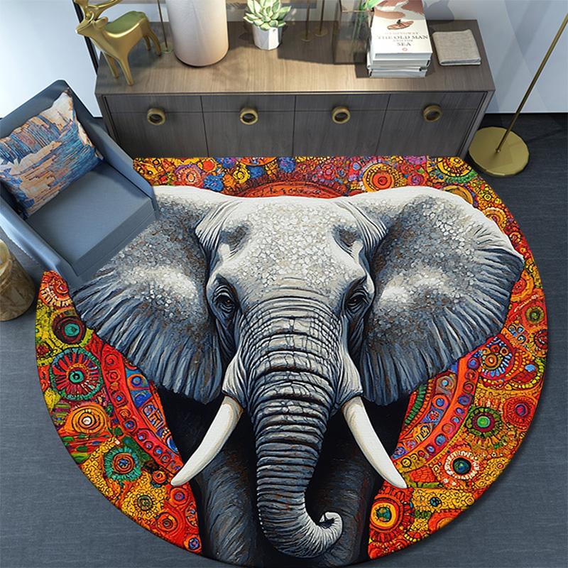 Elephant Mandala Round Area Rug,Carpet Rug for Living Room Bedroom Sofa Playroom Decor,Non-slip Floor Mat