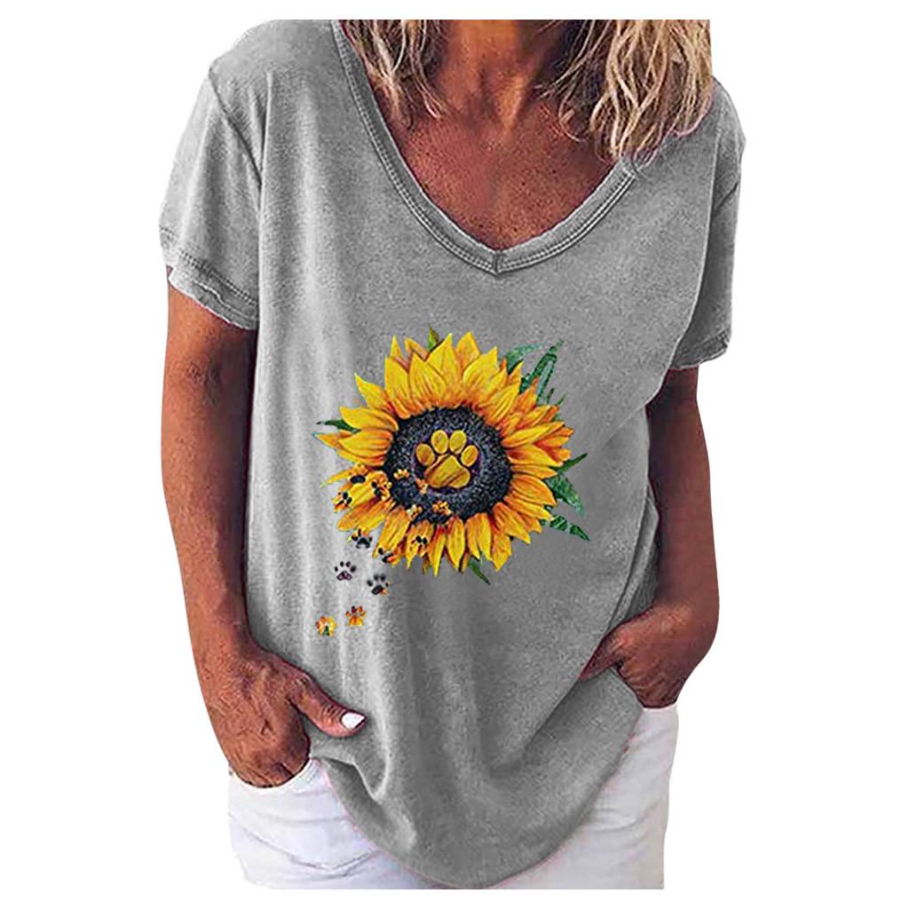 Womens Casual V Neck T-shirt Short Sleeve Letter Print Blouse Tops