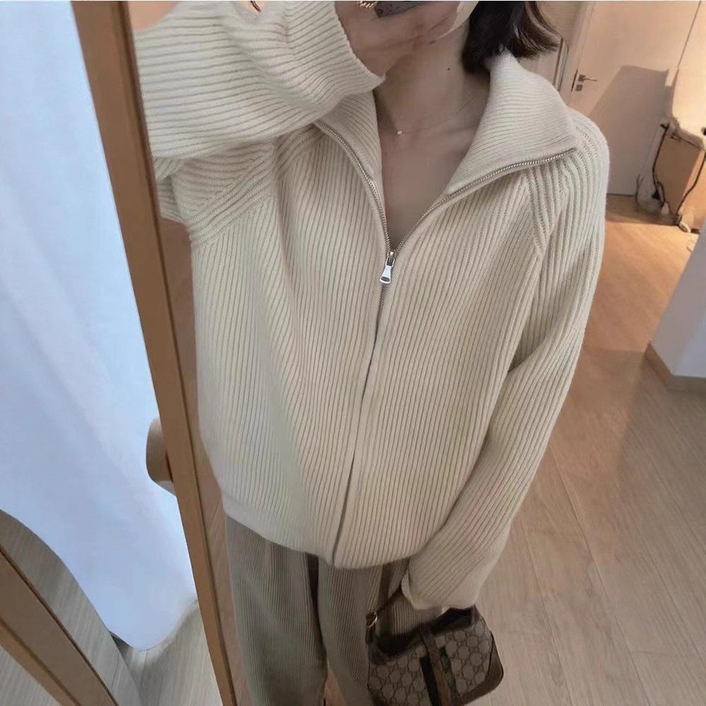 

Кардиган на молнии с подплечниками, воротником-стойкой, женское вязаное пальто, новый свитер с лацканами One Size бежевый