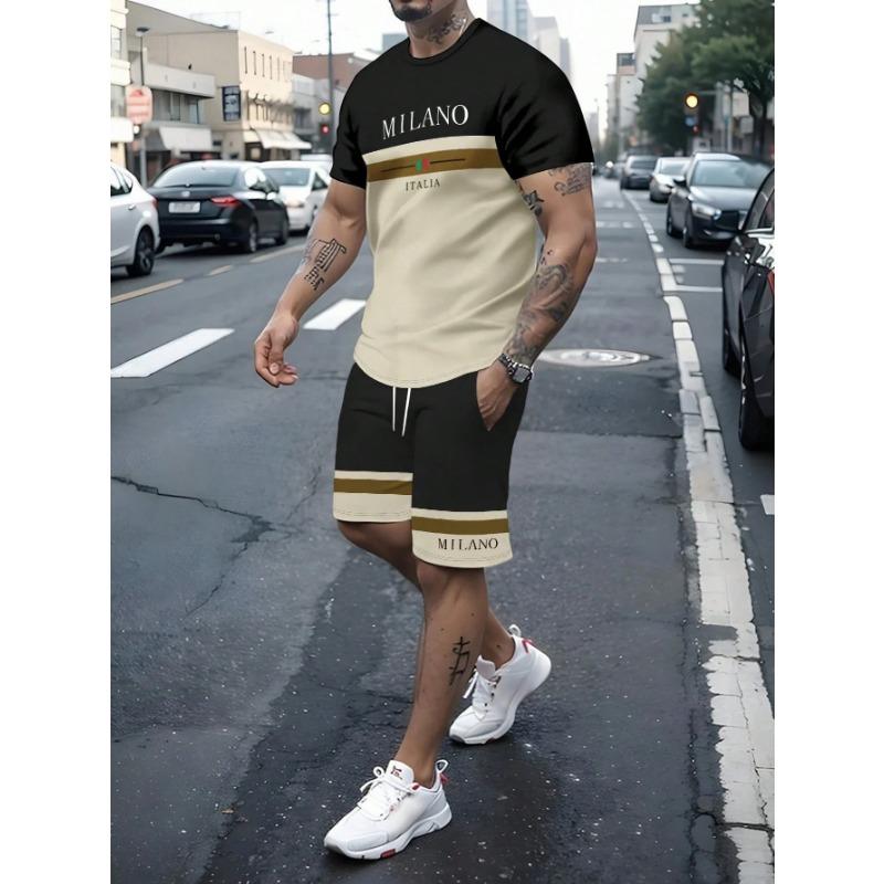 Summer Men's Stripe Letter Print Short Sleeve Top Shorts 2 Pieces Set Oversized Loose Round Neck T-shirt Man Drawstring Shorts