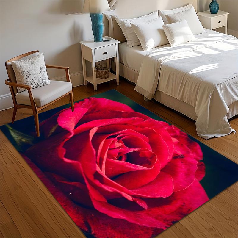 Red Rose Floral Area Rug for Living Room Bedroom Romantic Botanical Elegant Home Decor Soft Non Slip Washable Floor Mat