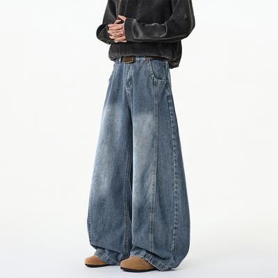 Large Size American High Street Washed Wide-leg Jeans Men's Autumn and Summer Trendy Brand Retro Loose Straight Scimitar Mopping Pants