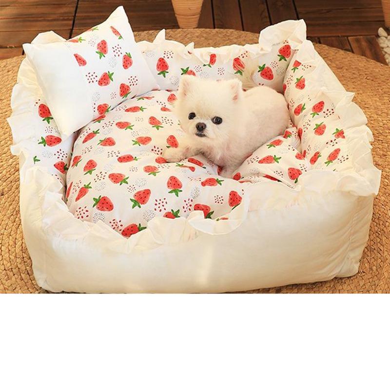 Strawberry Print Ruffle Princess Bed Teddy Bear Sleeping Sofa Four Seasons Universal Pet Supplies Soft Wrap Deep Sleep Small and Medium-sized Dogs