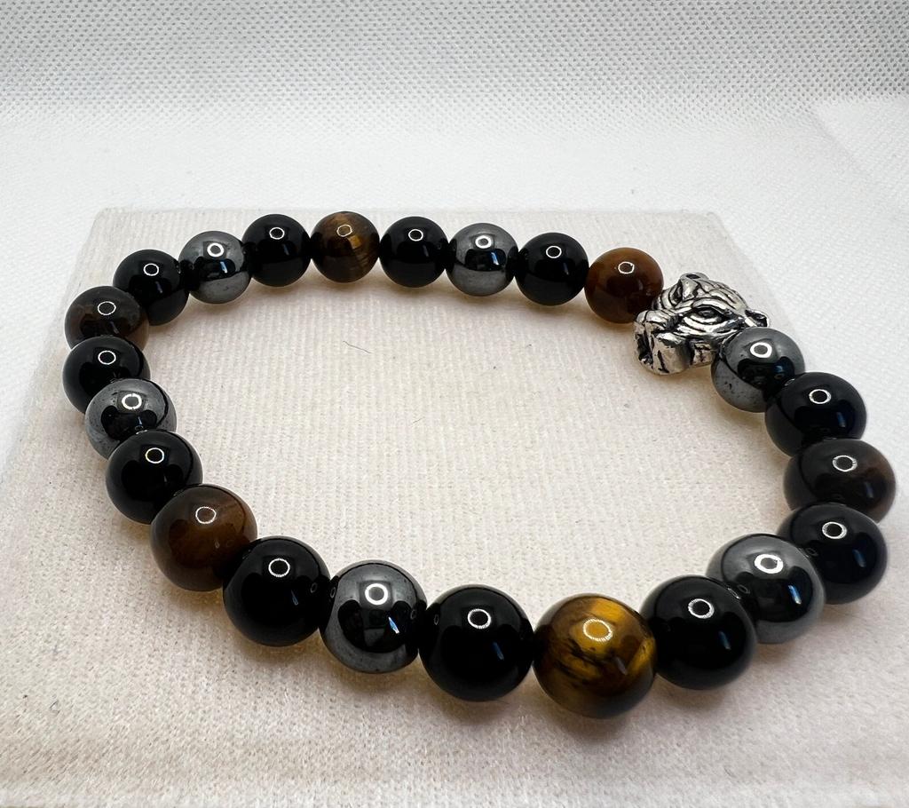 Triple Protection 8mm Bracelet: Tiger Eye, Black Hematite Beaded Bracelet with Silver Tiger Head Charm | Stylish, Durable, & Meaningful Gift for Him